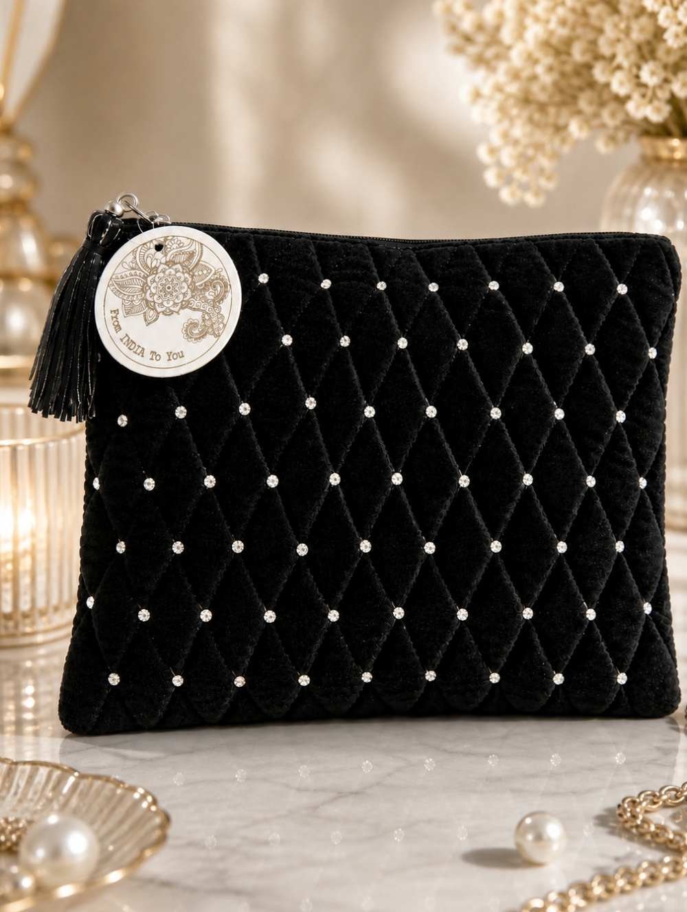 Black Velvet Quilted Rhinestone Pouch Made in India nwt